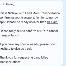 Text from company to confirm pickup time.