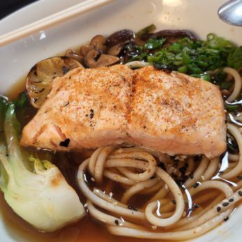 O Sea - Udon noodle bowl with salmon: Japanese udon noodles, bok choy, mushroom dashi, togarashi. (Jan 2022) - Seafood Near Me - Orange, California