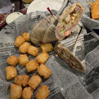 Calamari's Squid Row - Chicken Cordon Bleu Wrap w/ tots. - American Near Me - Erie, Pennsylvania Calamari's Squid Row - Chicken Cordon Bleu Wrap w/ tots. - American Near Me - Erie, Pennsylvania