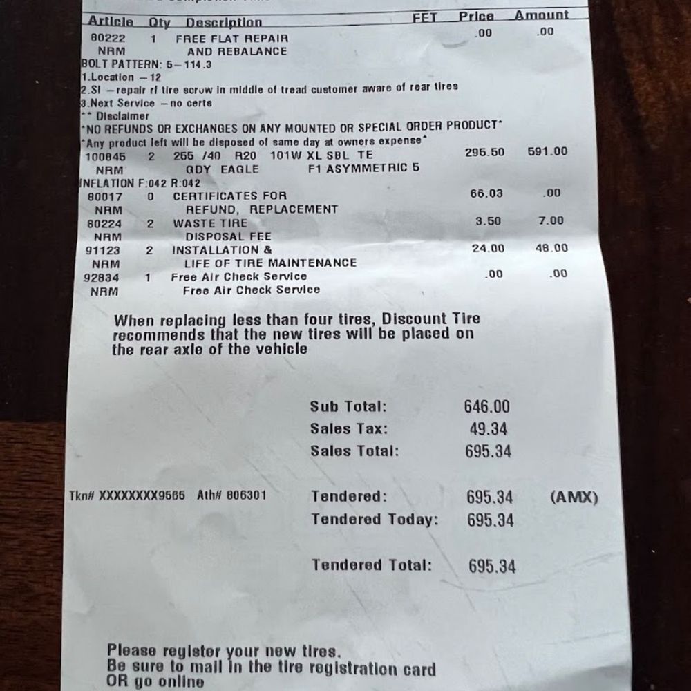 Discount Tire - Previous bill at discount tires - Tires Near Me - Bothell, Washington