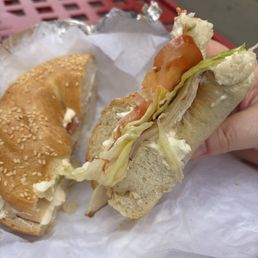 Turkey + veggie cream cheese + lettuce + tomato on a sesame seed bagel Turkey + veggie cream cheese + lettuce + tomato on a sesame seed bagel