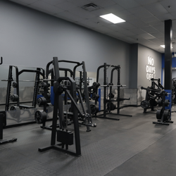 Strength training area at Epic Health & Fitness Port Richey with squat racks, barbells, and advanced weightlifting machines.