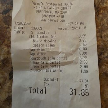 Denny's - $3.29 for 2 pieces of sour dough bread & $4.80 for fries & macncheese? - Breakfast & Brunch Near Me - Frederick, Maryland