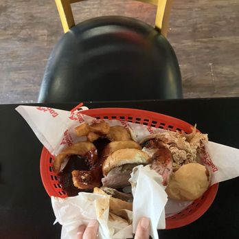 Good Life BBQ - That was the chicken and tri-tip sliders that my son made a mess with, but he was dancing because it was so yummy - Barbeque Near Me - Stockton, California