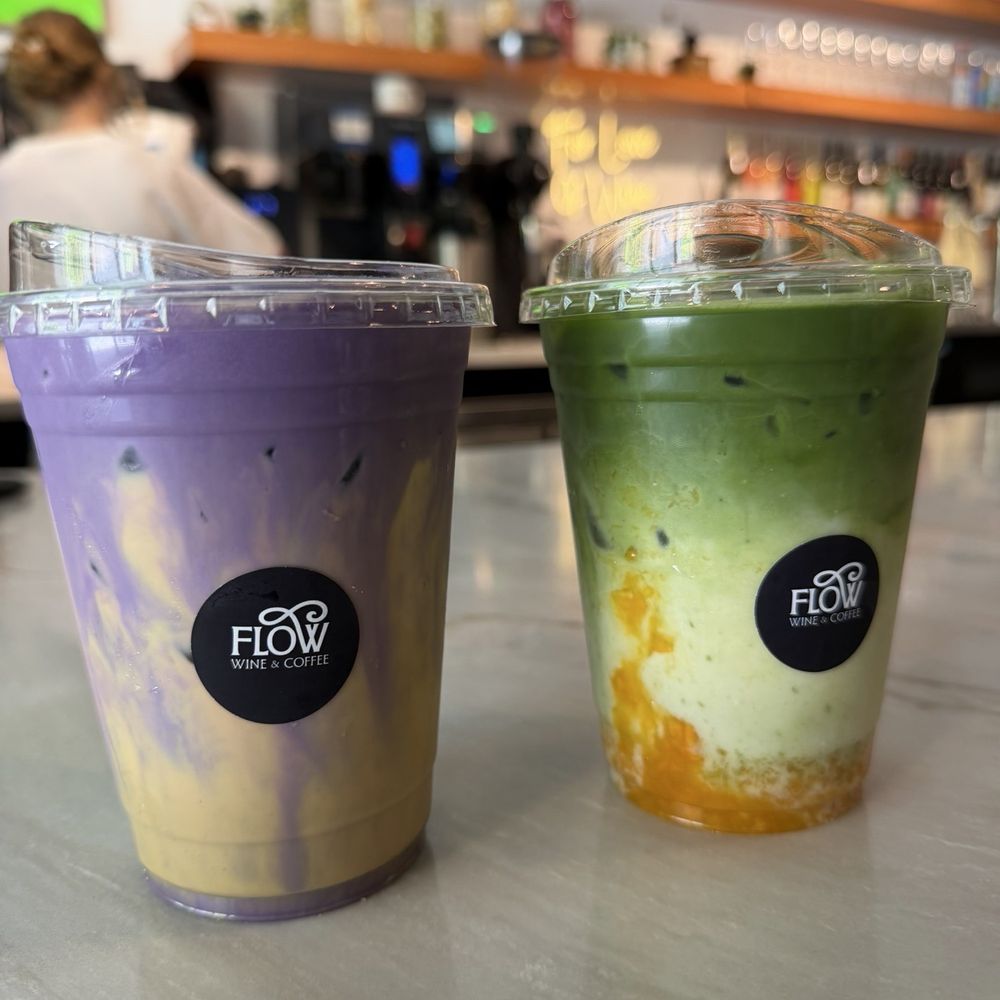 Flow Wine & Coffee - Manila vanilla latte with ube cream top and mango-lorian matcha - Coffee & Tea Near Me - Burbank, California Flow Wine & Coffee - Manila vanilla latte with ube cream top and mango-lorian matcha - Coffee & Tea Near Me - Burbank, California
