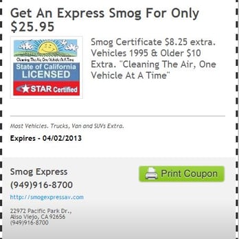 Smog Express - Be prepared: cash, debit cards only! Pre-1995 is $44.20. Add another $5 if you have BMW, MBZ, etc. - Smog Check Stations Near Me - Aliso Viejo, California Smog Express - Be prepared: cash, debit cards only! Pre-1995 is $44.20. Add another $5 if you have BMW, MBZ, etc. - Smog Check Stations Near Me - Aliso Viejo, California