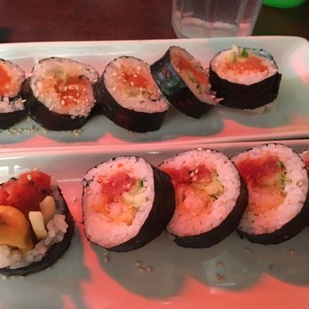 Awesome Sushi - Spicy salmon (back) and spicy tuna/tempura shrimp rolls. - Japanese Near Me - Long Beach, California