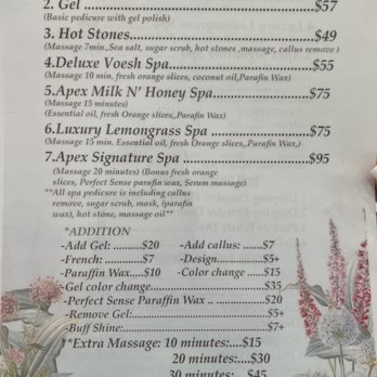 Apex Nails And Spa - Pedicure price list (which is a bit high might I add) - Nail Salons Near Me - Falls Church, Virginia Apex Nails And Spa - Pedicure price list (which is a bit high might I add) - Nail Salons Near Me - Falls Church, Virginia