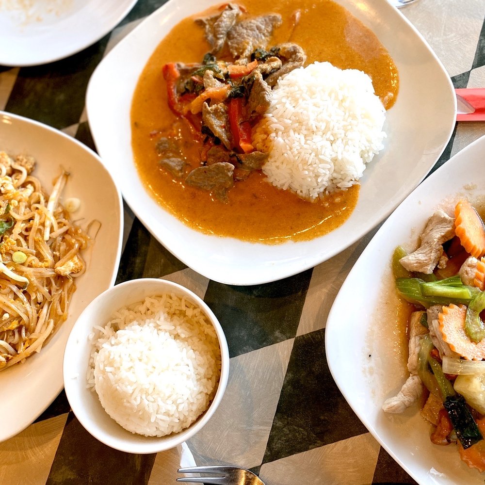 Bangkok 54 - Left to right: Pad Thai Chicken, Red Curry Beef, and Cashew Nuts - Thai Near Me - Chapel Hill, North Carolina