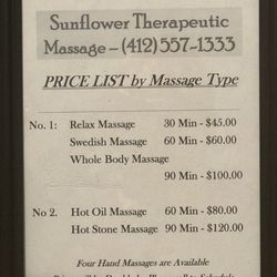 Sunflower Therapeutic Massage - Massage menu