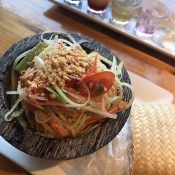 Manaow - Papaya salad with sticky rice done right this is Thai style not Laos it's on the sweeter side with the tamarind - Thai Near Me - Long Beach, California Manaow - Papaya salad with sticky rice done right this is Thai style not Laos it's on the sweeter side with the tamarind - Thai Near Me - Long Beach, California
