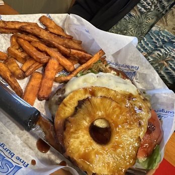 Islands Restaurant - Hawaiian Burger (No bun) Sweet Potato Fries - Burgers Near Me - Orange, California
