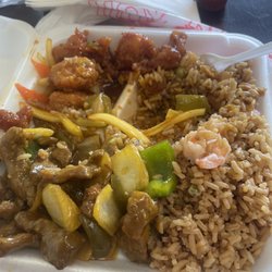Hong Kong Express - Shrimp fried rice (extra $), pepper steam (extra $) and jalapeño chicken.
