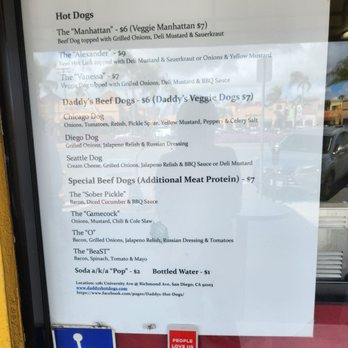 Daddy's Hot Dogs - Menu posted out front - Hot Dogs Near Me - San Diego, California Daddy's Hot Dogs - Menu posted out front - Hot Dogs Near Me - San Diego, California