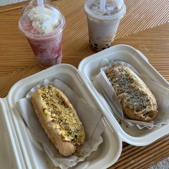 Muki Dogs Kaka'ako - Left: the Works. Right: Miso Kake - Vegan Near Me - Honolulu, Hawaii