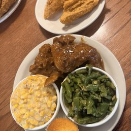 Smothered Chicken Green Beans Bourbon Cream Corn Fried Perch