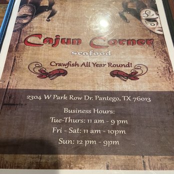Cajun Corner - Menu cover - Cajun/Creole Near Me - Pantego, Texas