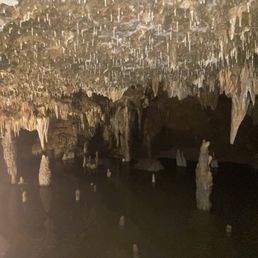 Near the end of the cave with some water with a bunch of stalactites forming on the ceiling and the floor.