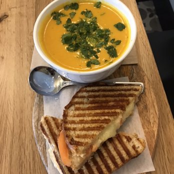 Vancouver Soup - Grilled white cheddar, tomato and Dijon on organic sourdough with our carrot coconut ginger soup. - Soup Near Me - Vancouver, British Columbia Vancouver Soup - Grilled white cheddar, tomato and Dijon on organic sourdough with our carrot coconut ginger soup. - Soup Near Me - Vancouver, British Columbia