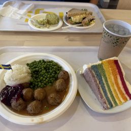 Swedish meatballs, rainbow cake, veggie cakes & egg salad sandwich