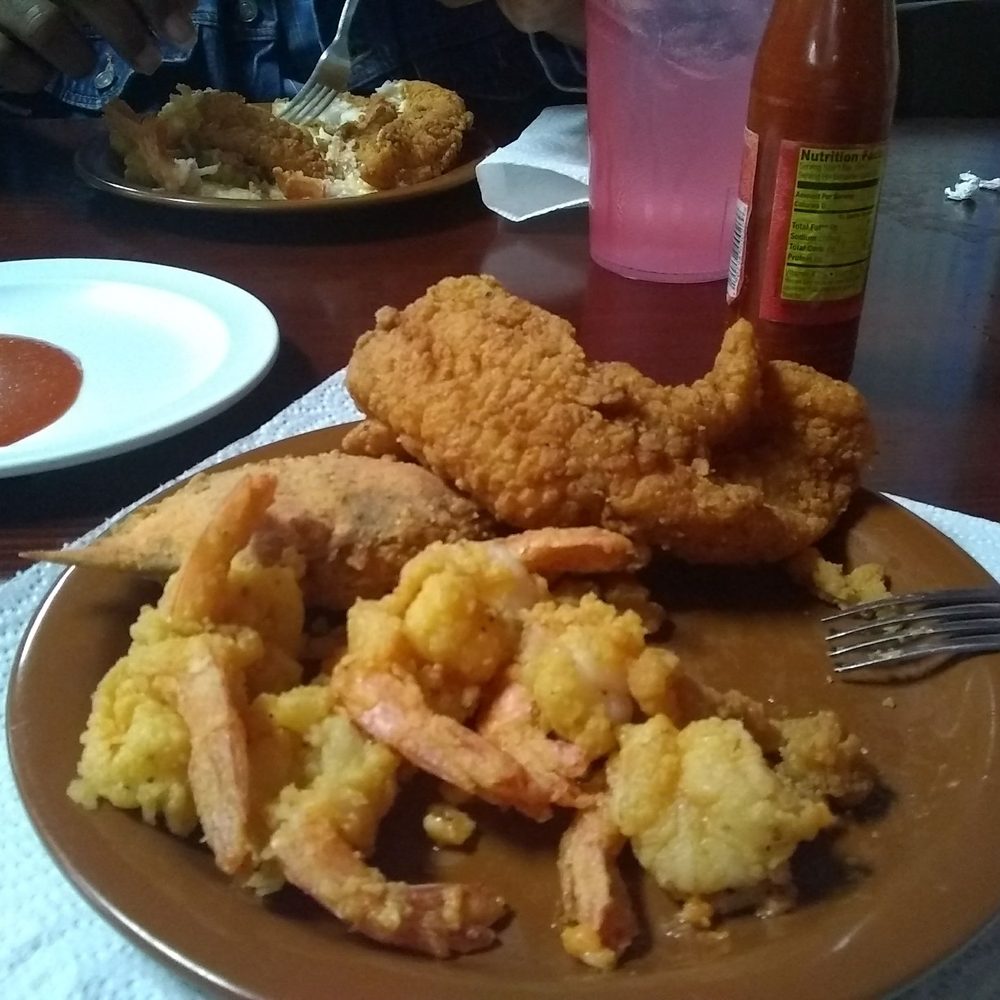 Shrimp, stuffed crab, fish & a hushpuppy. Shrimp, stuffed crab, fish & a hushpuppy.