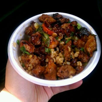 Flame Broiler - I took a few bites already! A chicken mini with brown rice and I added veggies, Yum! It's like the regular but mini hehe - New American Near Me - Huntington Beach, California