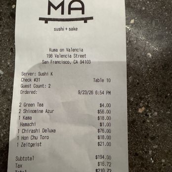 Kuma on Valencia - The full bill - Sushi Bars Near Me - San Francisco, California Kuma on Valencia - The full bill - Sushi Bars Near Me - San Francisco, California