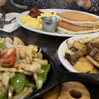 El Cerrito Cafe - Pancake breakfast, side of homestyle potatoes, chicken fajitas. Beans, rice, tortilla, salsa not shown. - American Near Me - Corona, California El Cerrito Cafe - Pancake breakfast, side of homestyle potatoes, chicken fajitas. Beans, rice, tortilla, salsa not shown. - American Near Me - Corona, California