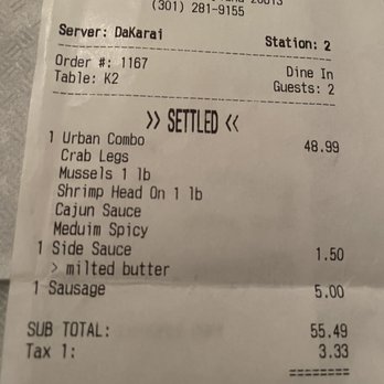 Urban Crab Shack - Receipt - Seafood Near Me - Brandywine, Maryland Urban Crab Shack - Receipt - Seafood Near Me - Brandywine, Maryland