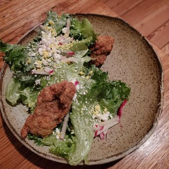 Husk - Vertical Roots Lettuces, Cornmeal Fried Oysters, Radish, Goat's Milk Feta, Egg Yolk, Dill Buttermilk - American Near Me - Charleston, South Carolina