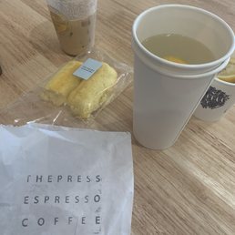 Lemon water and brown sugar caramel ice latte and twinkies Lemon water and brown sugar caramel ice latte and twinkies