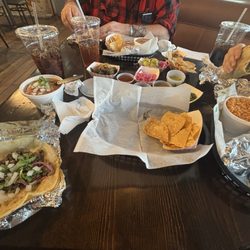 El Taco Tote - Sirloin tacos, Pork Adobado,, charro beans, rice and refried beans.  Deeeeeliciouso!