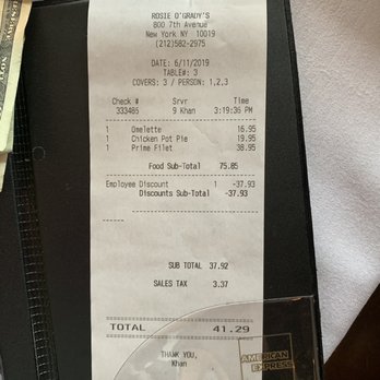 Rosie O'Grady's - The receipt that the server gave us his discount despite taking one bite of food that was not good. - Irish Near Me - New York, New York Rosie O'Grady's - The receipt that the server gave us his discount despite taking one bite of food that was not good. - Irish Near Me - New York, New York