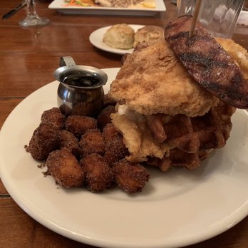 Copperhead Lodge - Chicken and waffles with sweet potato tater tots and a spicy breakfast sausage. - New American Near Me - Blairsville, Georgia