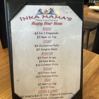 Inka Mama's - Happy Hour Menu as of  9/3/26 - Peruvian Near Me - Tustin, California