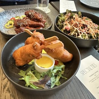 The Ledger - Duck wings, lobster corn dog, and roasted brussel chips - American Near Me - Plymouth, Michigan