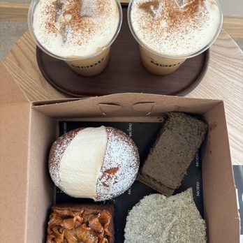 Modu Cafe - Modu latte, milk cream bun, black sesame bar, kabocha persimmon cake, perilla lime tart - Coffee & Tea Near Me - Los Angeles, California