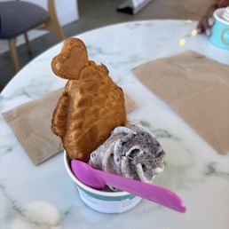 Vanilla ice cream with Oreo crumbs. Nutella stuffed waffle.