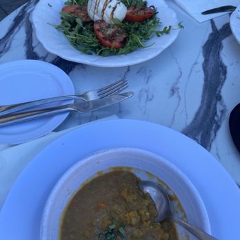 La Siciliana - Burrata salad and split pea soup of the day. - Italian Near Me - San Pedro, California