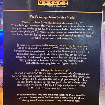 Ford's Garage Plantation - This card explains their automatic 20% gratuity policy. - Bars Near Me - Plantation, Florida