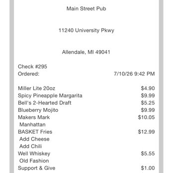 Main St Pub - Upcharges we didn't order, drinks we couldn't drink. - American Near Me - Allendale, Michigan Main St Pub - Upcharges we didn't order, drinks we couldn't drink. - American Near Me - Allendale, Michigan