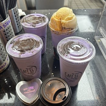 Cafe 86 - Our order: ube monsters, Upside Down Halo Halo, scoop of ube ice cream and free ube treat for Valentines - Desserts Near Me - Carson, California