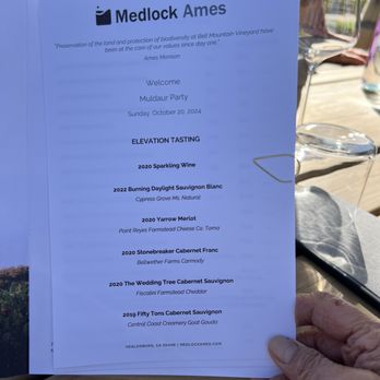 Medlock Ames - Bell Mountain Ranch - Our tasting menu - Wineries Near Me - Healdsburg, California