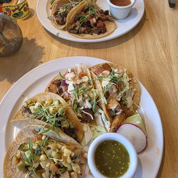Low Desert Modern Mexican - 4 carne asada street tacos (background $5/ea) & 2 shrimp street tacos (foreground, $5/ea) & 2 veggie tacos (foreground, $4/ea). - Tacos Near Me - Palm Springs, California Low Desert Modern Mexican - 4 carne asada street tacos (background $5/ea) & 2 shrimp street tacos (foreground, $5/ea) & 2 veggie tacos (foreground, $4/ea). - Tacos Near Me - Palm Springs, California
