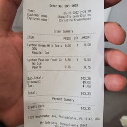 Gong Cha - Wing Phat Plaza - This is what i paid for 2 medium drinks. I got extra toppings on my lychee passionfruit green tea.