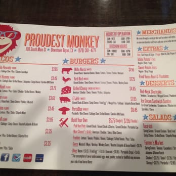 Proudest Monkey - Menu interesting but couldn't deliver what we hoped.. - Burgers Near Me - Bryan, Texas