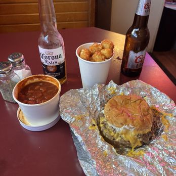 Quack Burger - Double w mayo and American Cheese with tots and a side of chili - Burgers Near Me - Omaha, Nebraska