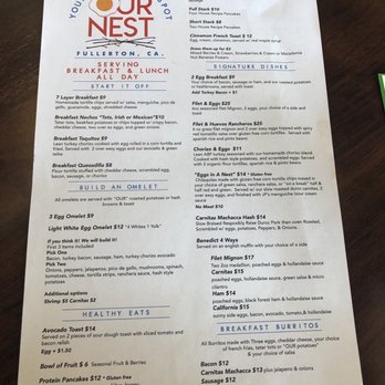 Our Nest - Front side of their amazing menu! - Breakfast & Brunch Near Me - Fullerton, California