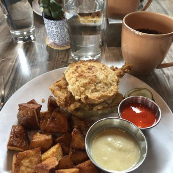 Ginger and Baker - Biscuit with friend chicken, pimento cheese and Green Chile gravy. - Cafes Near Me - Fort Collins, Colorado Ginger and Baker - Biscuit with friend chicken, pimento cheese and Green Chile gravy. - Cafes Near Me - Fort Collins, Colorado