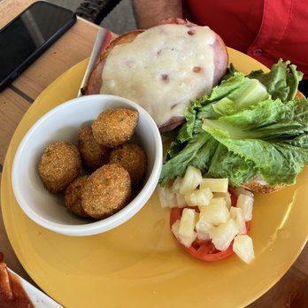 Harbor View Cafe - Malibu burger with hush puppies. DELICIOUS!! - Cafes Near Me - Long Beach, Mississippi